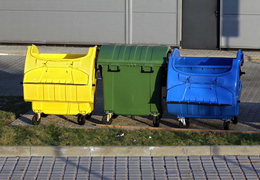 Colour-coded bins facilitating recycling on a construction site