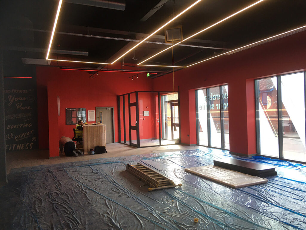 Fareham Snap Fitness ground floor looking towards the front door with a good deal of progress complete