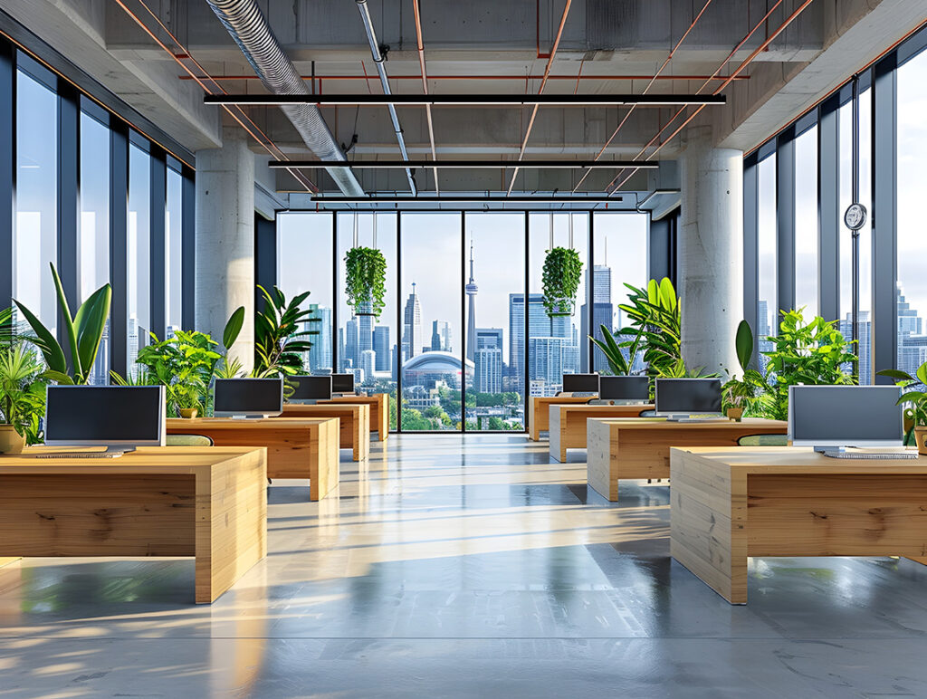 A clean, airy office space, with lots of natural light and greenery 