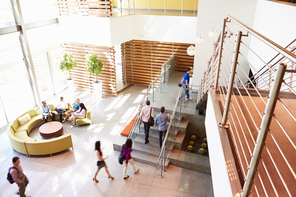 A large open reception area in a modern office building