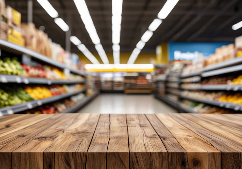 Store interior, wooden bench in front with blurred shop