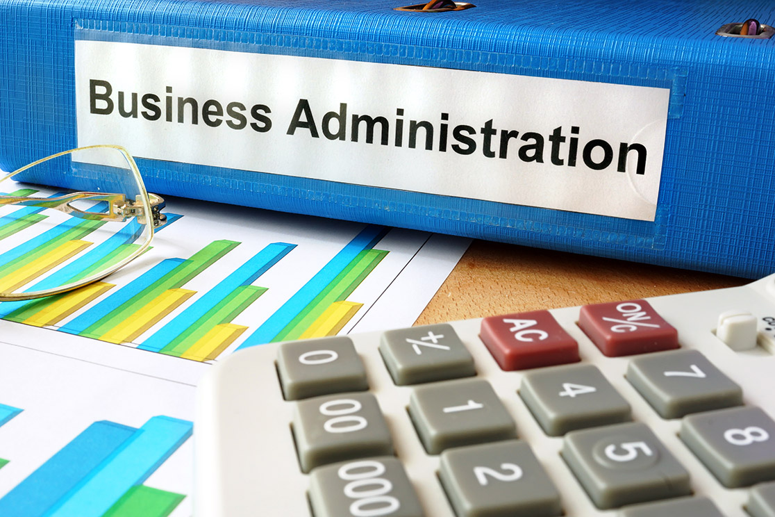 Concept image of business administration with folder and adding machine