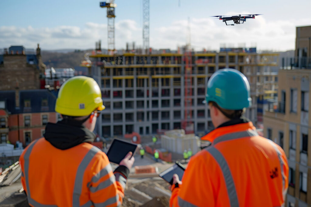 Construction workers using a drone to monitor a building site