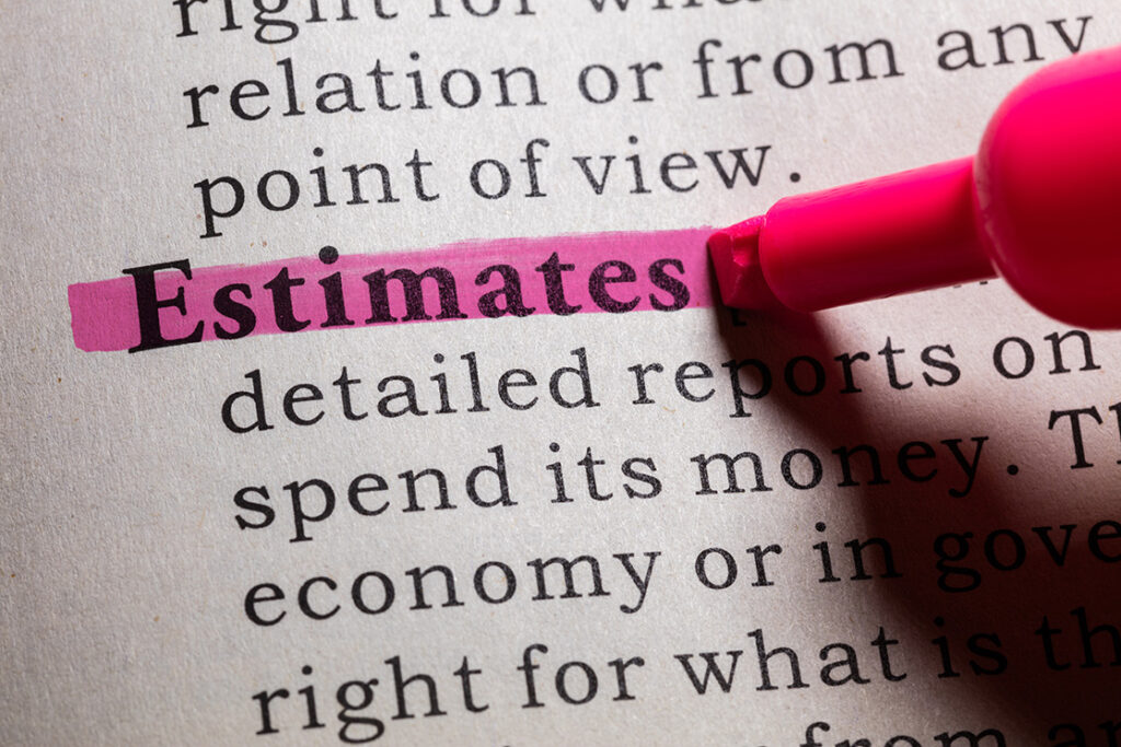 Image of 'Estimates' written in a dictionary and highlighted in pink